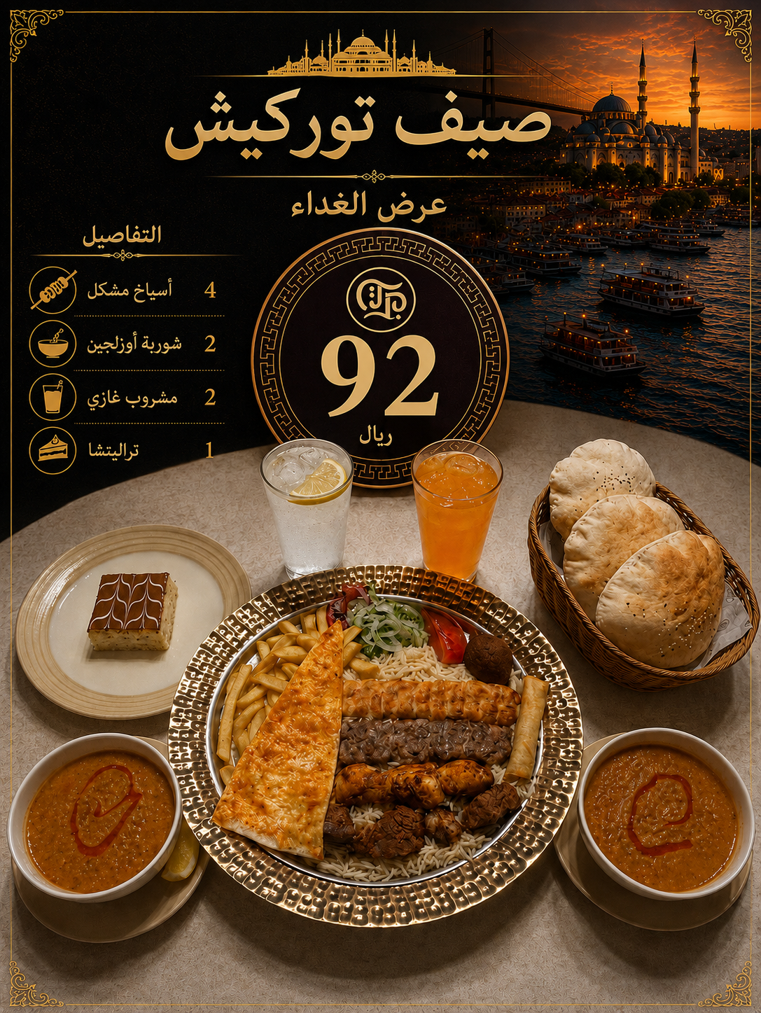 4 أسياخ مشويات مشكل مع الأرز 
كبة و سبرينغ رول 
2 شوربة أوزلجين
2 مشروب غازي 
1 تراليتشا 
1 خبز 